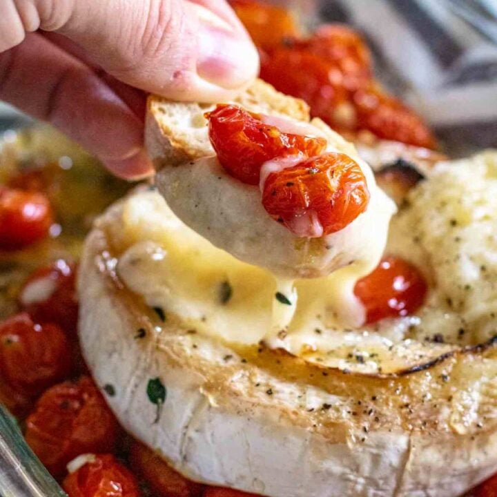 A crostini scooping up melty baked brie and roasted tomatoes.
