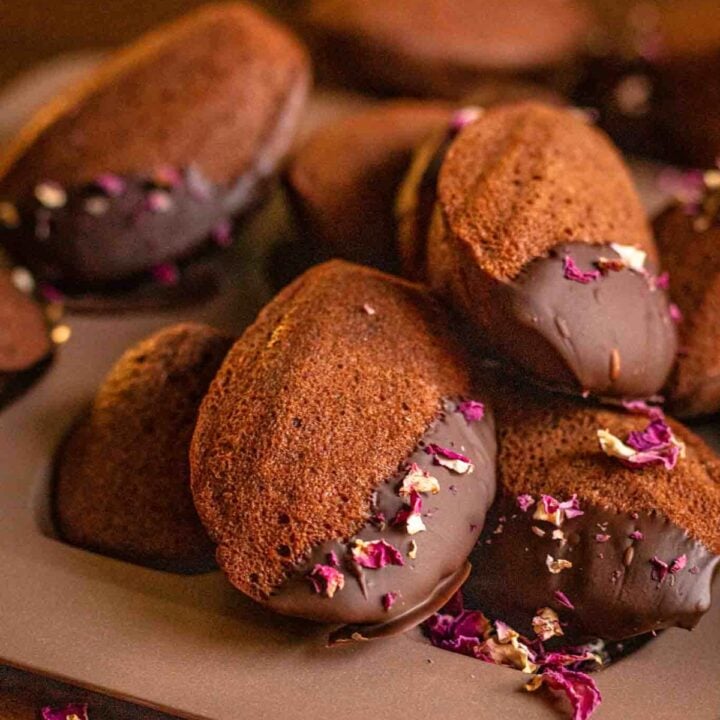 featured image with closeup of two chocolate dipped madeleines covered in rose petals.