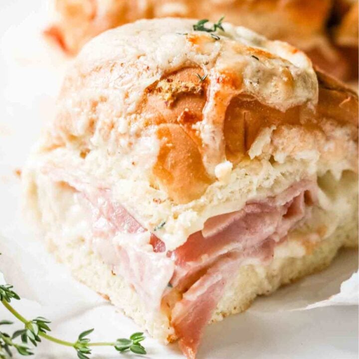 close up shot of a croque monsieur slider.