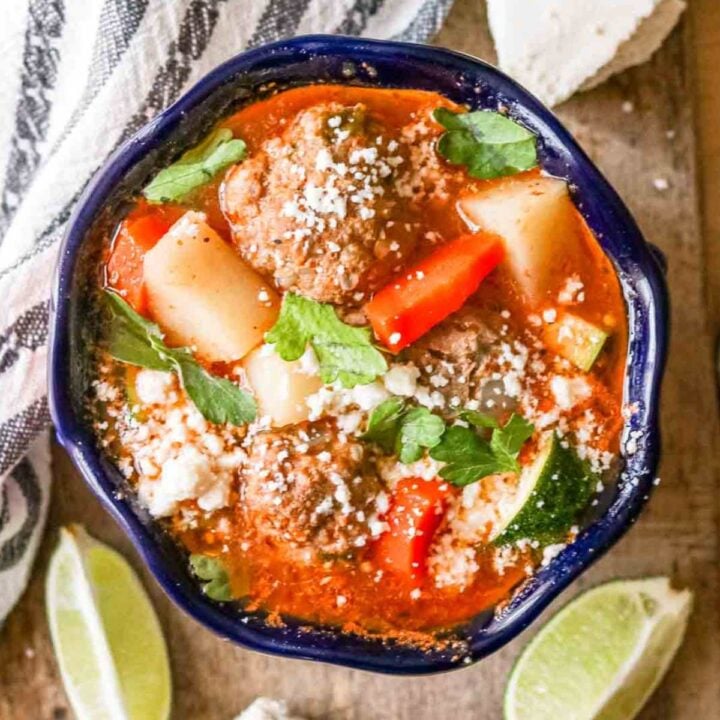 Overhead shot of albondigas soup.