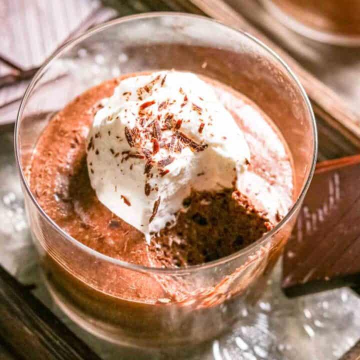 A serving dish with mousse au chocolat.